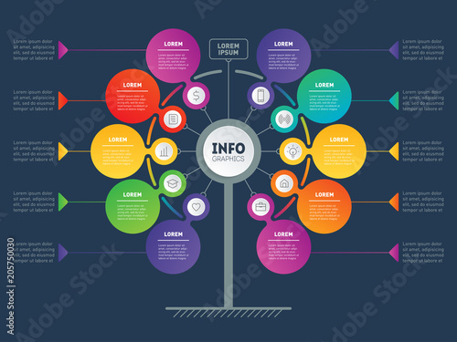 Vector infographic of technology or education process with 10 steps. Web Template of service tree, info chart or diagram. Business presentation concept with 10 options.