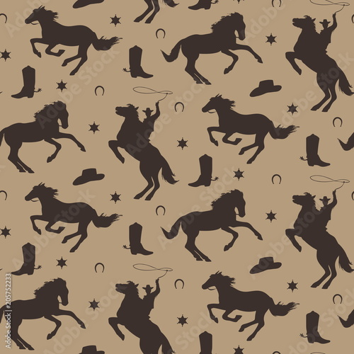 Wild west vector seamless pattern. Cowboy male background with horses, horseshoe, sheriff badge, boot, hat.