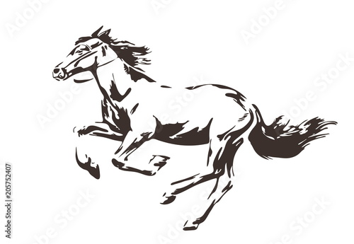 Silhouette of energetic running horse painted by ink. Vector hand drawn illustration. Sketch style isolated.