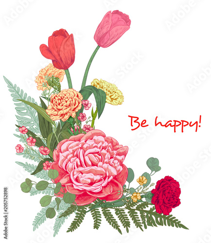 Angled frame with bouquet of red, pink flowers and greenery: carnation, peony, tulip, leaves fern, eucalyptus on white background, hand draw, engraving vintage sketch style, botanical vector