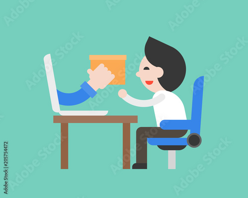 Business man accept box from hand of delivery man from laptop, flat design vector e commerce concept