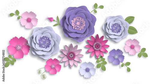 Paper art, summer flowers on a white background with leaves cut of paper. Vector stock illustration