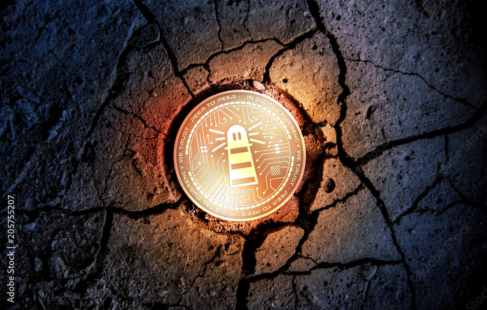 shiny golden TRACKR cryptocurrency coin on dry earth dessert background mining 3d rendering illustration