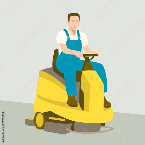white man cleaning fllor  with washing machine vector
