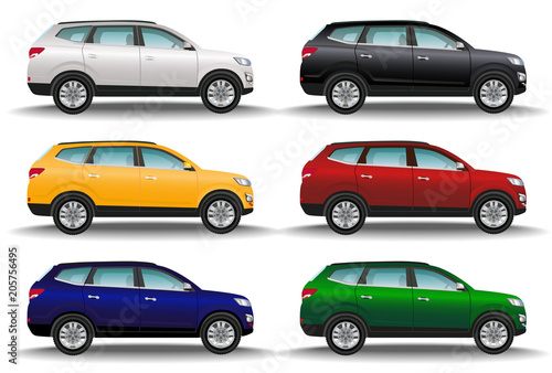 Set of six different colors cars on white background. Luxury offroad vehicles. Realistic crossover. 4x4 transport. © Iryna