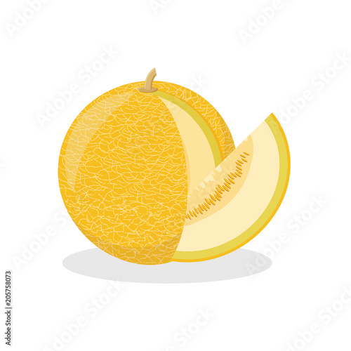 Icon of a ripe yellow melon with a cut piece on a white background.