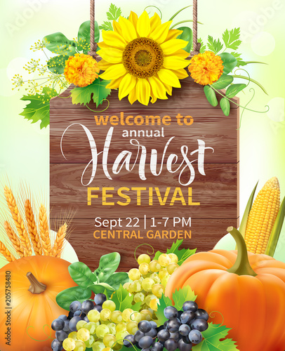 Harvest festival poster design. Invitation for crop fest. Vector illustration.