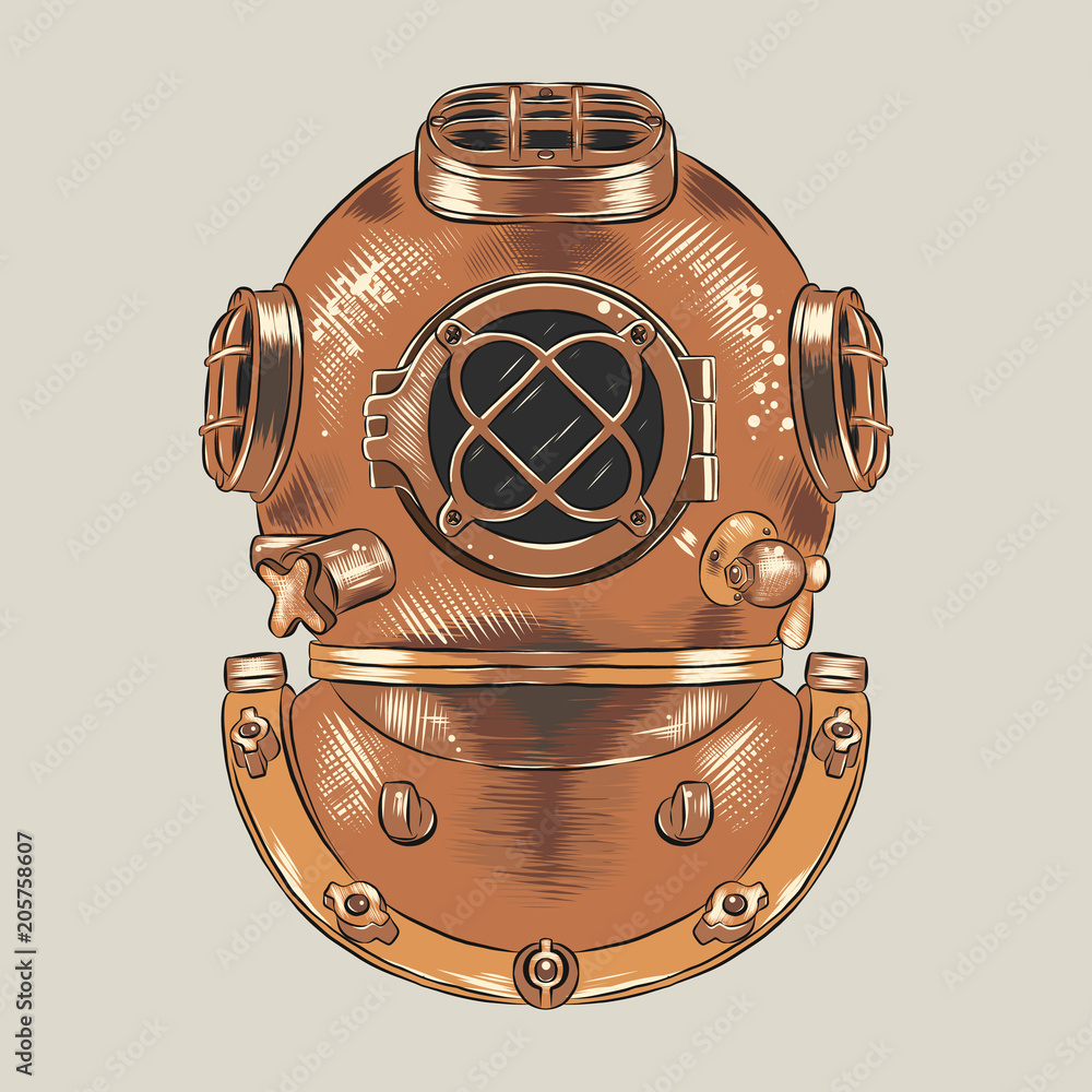 Antique heavy brass or copper diving helmet vector illustration