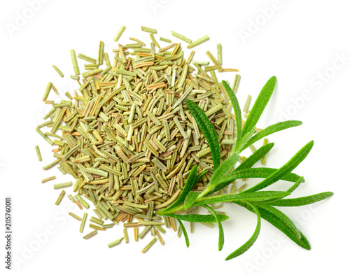 dried rosemary leaves with fresh rosemary isolated on white, top view