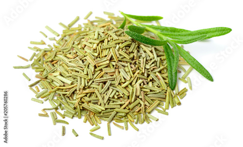 dried rosemary leaves with fresh rosemary isolated on white