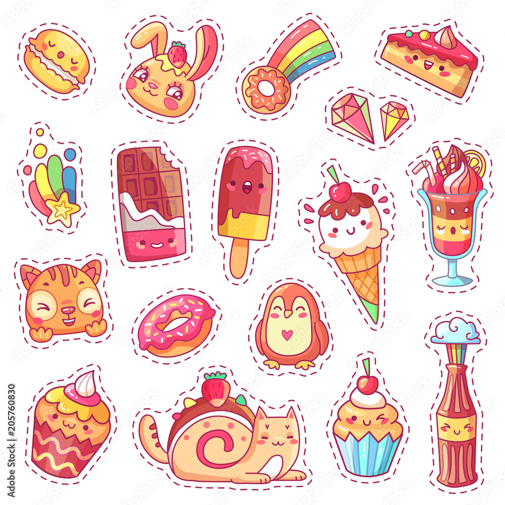 Patches of sweet strawberry dessert, cherry ice cream, positive happy animals faces and funny cartoon food vector fun stickers set