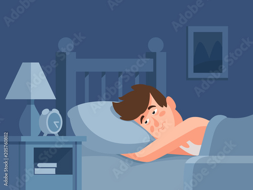Man with insomnia lying in bed at dark night background. Sleepless person awake with tired face cartoon vector illustration