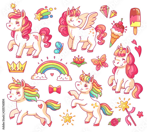 Cute flying baby rainbow unicorn with gold stars and sweet ice creams. Magic little pony fantasy unicorns cartoon vector set