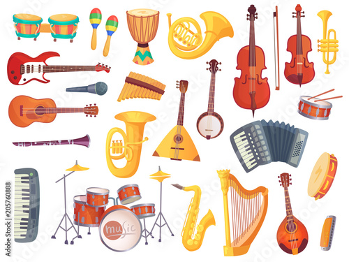 Cartoon musical instruments, guitars, bongo drums, cello, saxophone, microphone, drum kit isolated. Music instrument vector collection photo