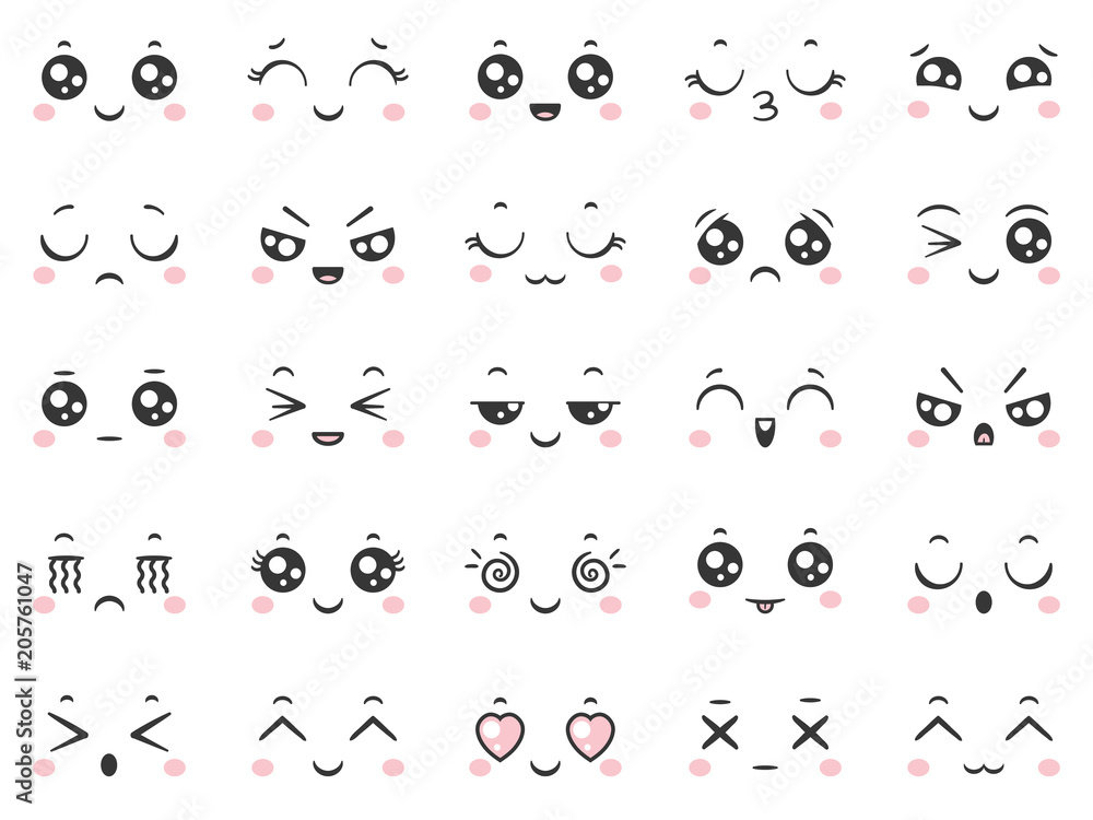 Cute doodle emoticons with facial expressions. Japanese anime style emotion  faces and kawaii emoji icons vector set Stock Vector | Adobe Stock