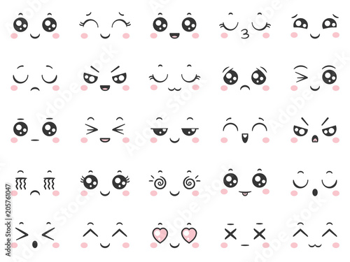 Cute doodle emoticons with facial expressions. Japanese anime style emotion faces and kawaii emoji icons vector set photo