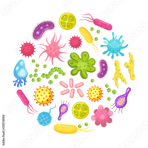 Microorganism, bacteria, virus cell, disease bacterium and fungi cells. Micro organism, diseases and viruses cartoon vector icons