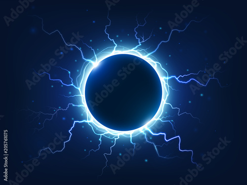 Spectacular thunder and lightning surround blue electric ball. Power energy sphere surrounded electrical lightnings vector background