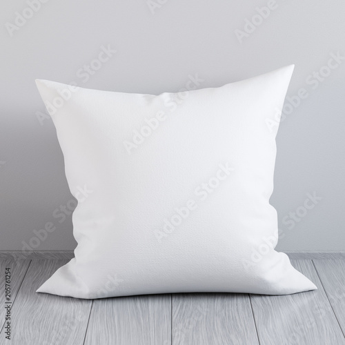 Blank white soft square pillow on a wooden floor near the wall, 3D render