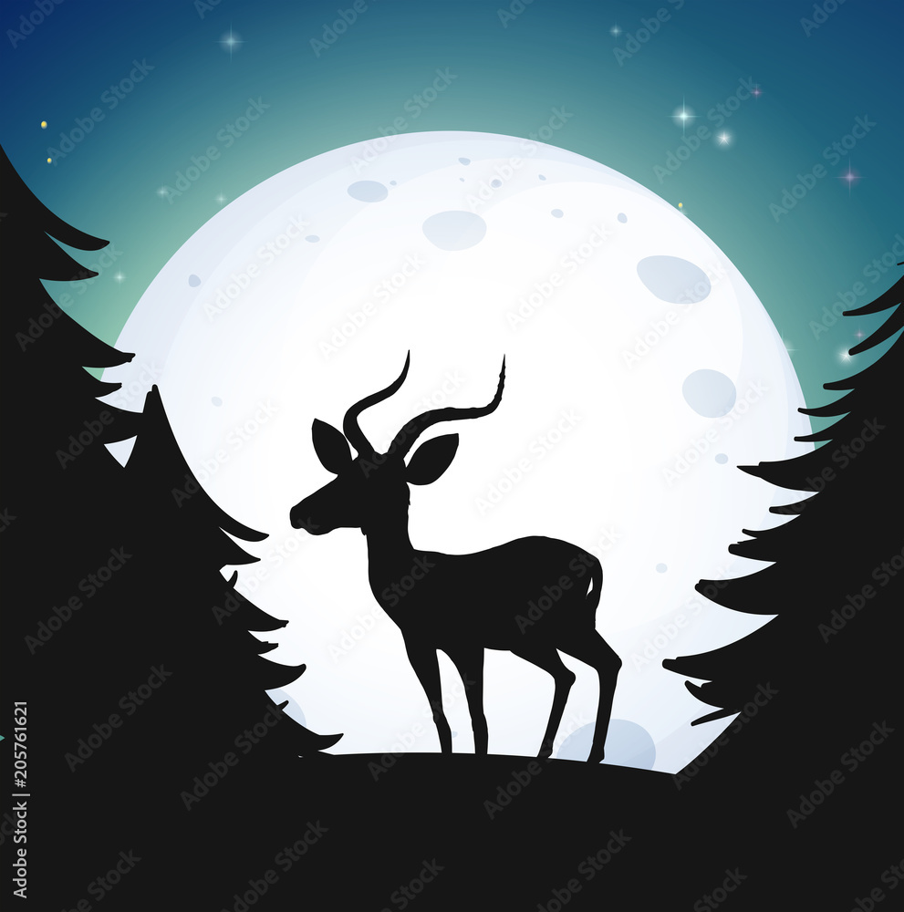 Silhouette Forest and Deer at night