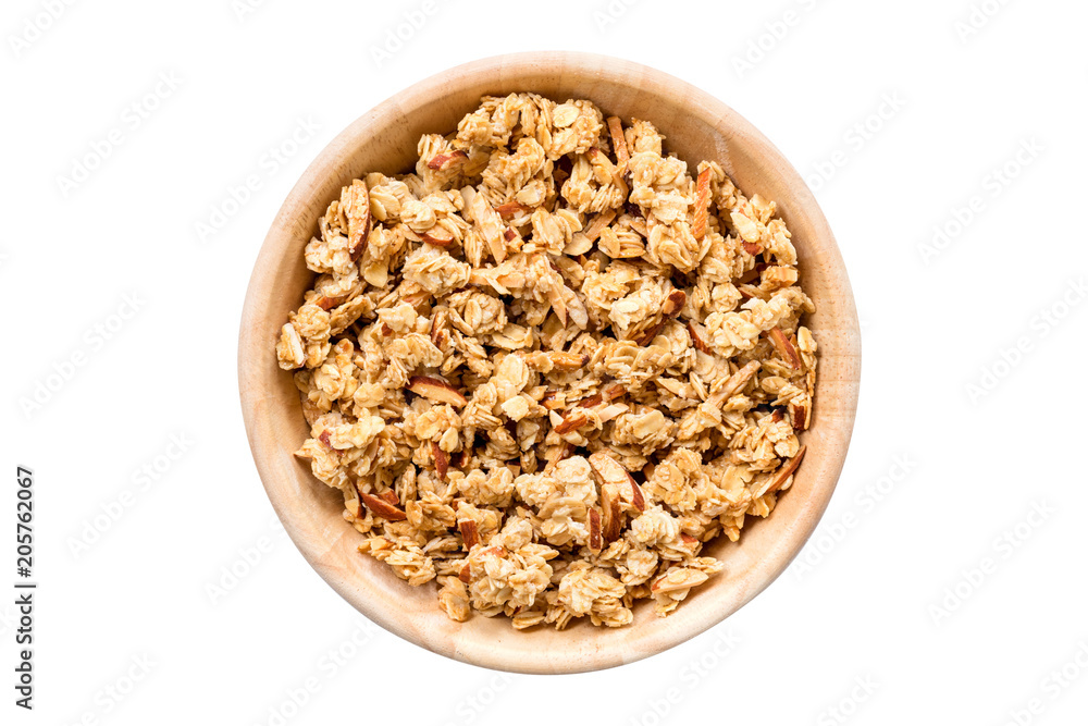 Close up top view granola in the bowl on isolated with clipping path. Close up top view granola in the bowl on isolated with clipping path.