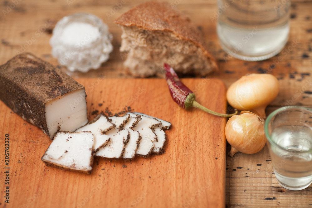 Salted pork lard (salo) with rye bread Salted pork lard (salo) with rye bread