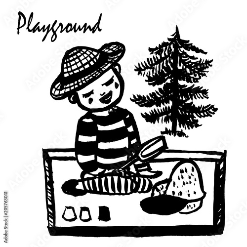 drawing a small boy in a striped T-shirt and panama sitting in the sandbox on the playground, playing with bucket, a sketch manually drawn comic illustration