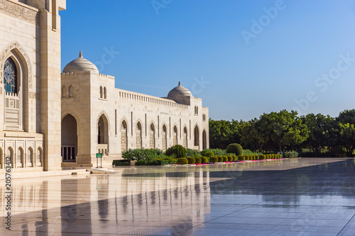 The Sultan Qaboos Grand Mosque is the main mosque in the Sultanate of Oman. It is built from 300,000 tonnes of Indian sandstone.