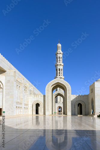 The Sultan Qaboos Grand Mosque is the main mosque in the Sultanate of Oman. It is built from 300,000 tonnes of Indian sandstone.