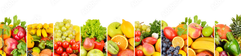 Fototapeta fruits and vegetables isolated on white background. Panoramic collage. Wide photo with free space for text.