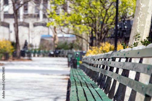 Photography Sunlight shines on empty park bench in Manhattan, New York City