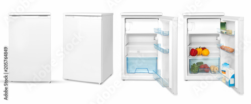 modern household refrigerator with food, four angles, isolated. photo