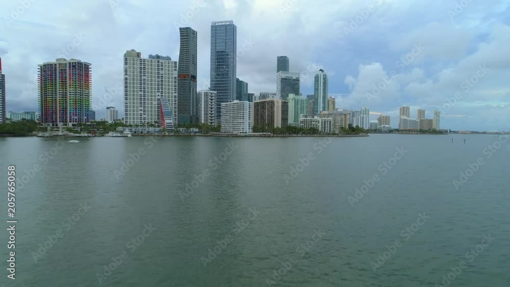 Aerial hyperlapse approach city on the bay Miami Brickell Aerial hyperlapse approach city on the bay Miami Brickell