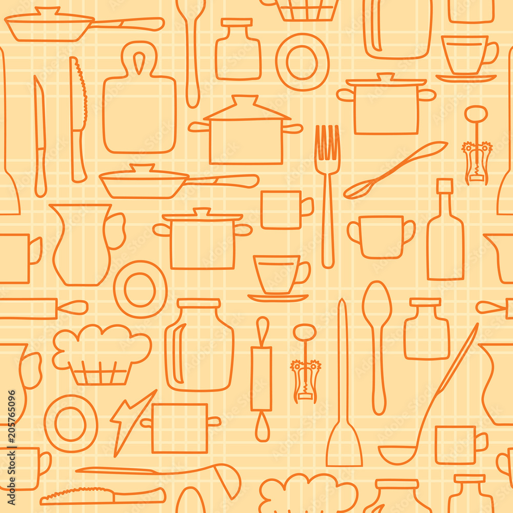 orange kitchenware on light background - vector seamless pattern orange kitchenware on light background - vector seamless pattern