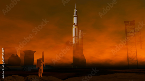 Pianeta Marte, suolo, crosta, spazio, sistema solare. Astronauta sul suolo di Marte. Colonizzazione base spaziale. Tempesta di sabbia
