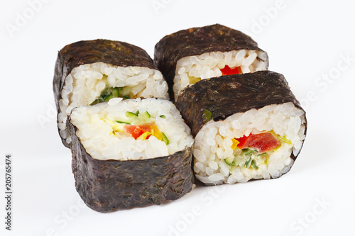 Sushi with vegetables on a white background close up.