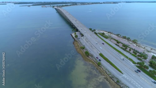 Aerial reveal Rickenbacker Causeway Miami Key Bisacayne photo