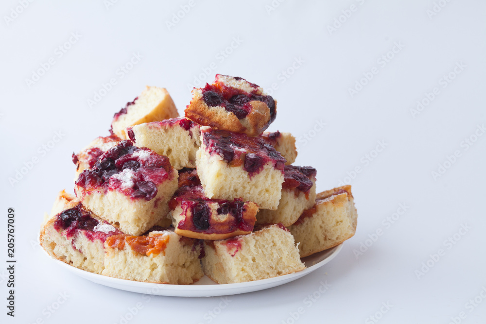 Homemade cherry pie with coffee cup isolated on white background. Homemade cherry pie with coffee cup isolated on white background.