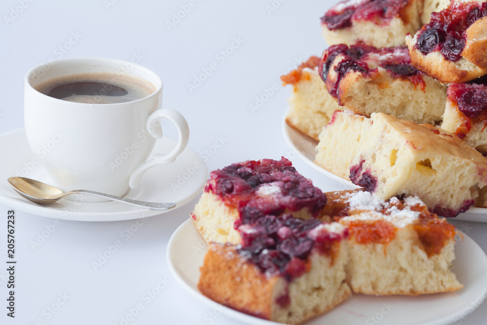 Fruit cake with cup of coffee. Homemade cake on breakfast. Fruit cake with cup of coffee. Homemade cake on breakfast.