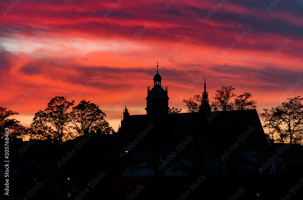 Krakow, Poland, evening sky over Corpus Christi church