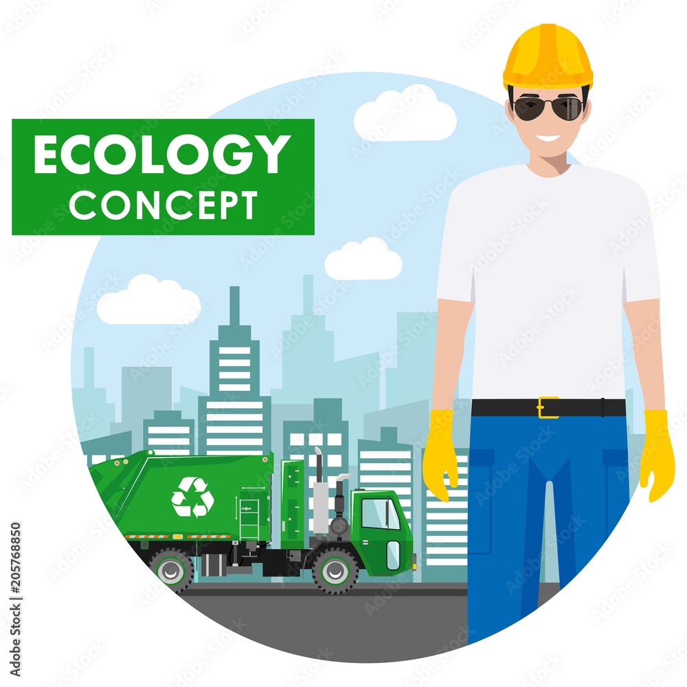 Ecology concept. Detailed illustration of garbage man in uniform and garbage  truck on modern cityscape background in flat style. Vector illustration.  Stock Vector | Adobe Stock