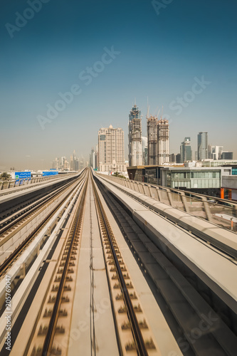 Railway and city buildings view in Dubai