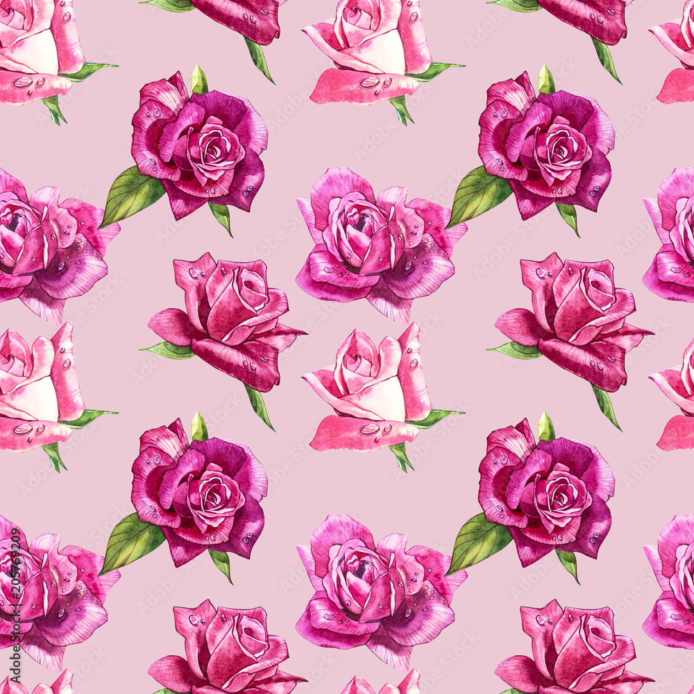 Natural pink roses background. Seamless pattern of red and pink roses, watercolor illustration. Natural pink roses background. Seamless pattern of red and pink roses, watercolor illustration.