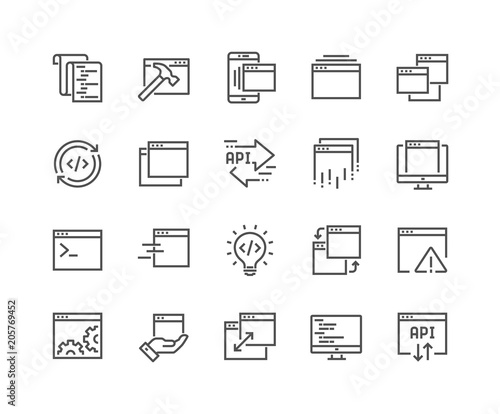 Simple Set of Application Related Vector Line Icons. Contains such Icons as Build, API, Terminal, Code Listing and more. Editable Stroke. 48x48 Pixel Perfect.