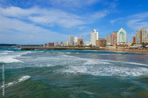 Durban's "Golden Mile" beachfront as seen from from the Indian Ocean with waves, KwaZulu-Natal province of South Africa