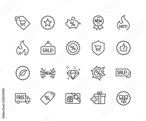 Simple Set of Shopping Features Related Vector Line Icons. Contains such Icons as New, Sale, Discount and more. Editable Stroke. 48x48 Pixel Perfect.