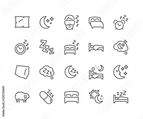 Simple Set of Sleep Related Vector Line Icons. Contains such Icons as Insomnia, Pillow, Sleeping Pills and more. Editable Stroke. 48x48 Pixel Perfect. photo