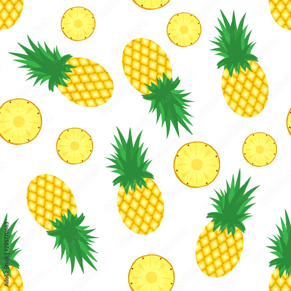 Pineapple background. Fresh pineapples and slices of pineapples on white background. Tropical fruit pattern. Vector illustration Pineapple background. Fresh pineapples and slices of pineapples on white background. Tropical fruit pattern. Vector illustration