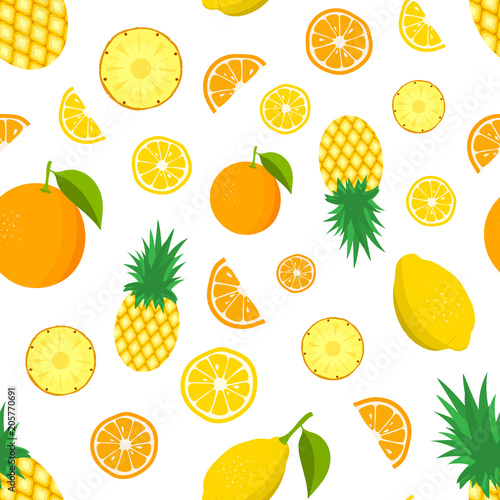 Tropic fruit pattern. Color background with lemon, pineapples, oranges. Vector illustration