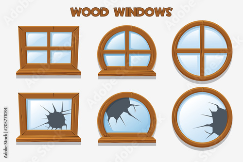 Different shape and old shattered wood windows, cartoon building objects. Element home Interiors